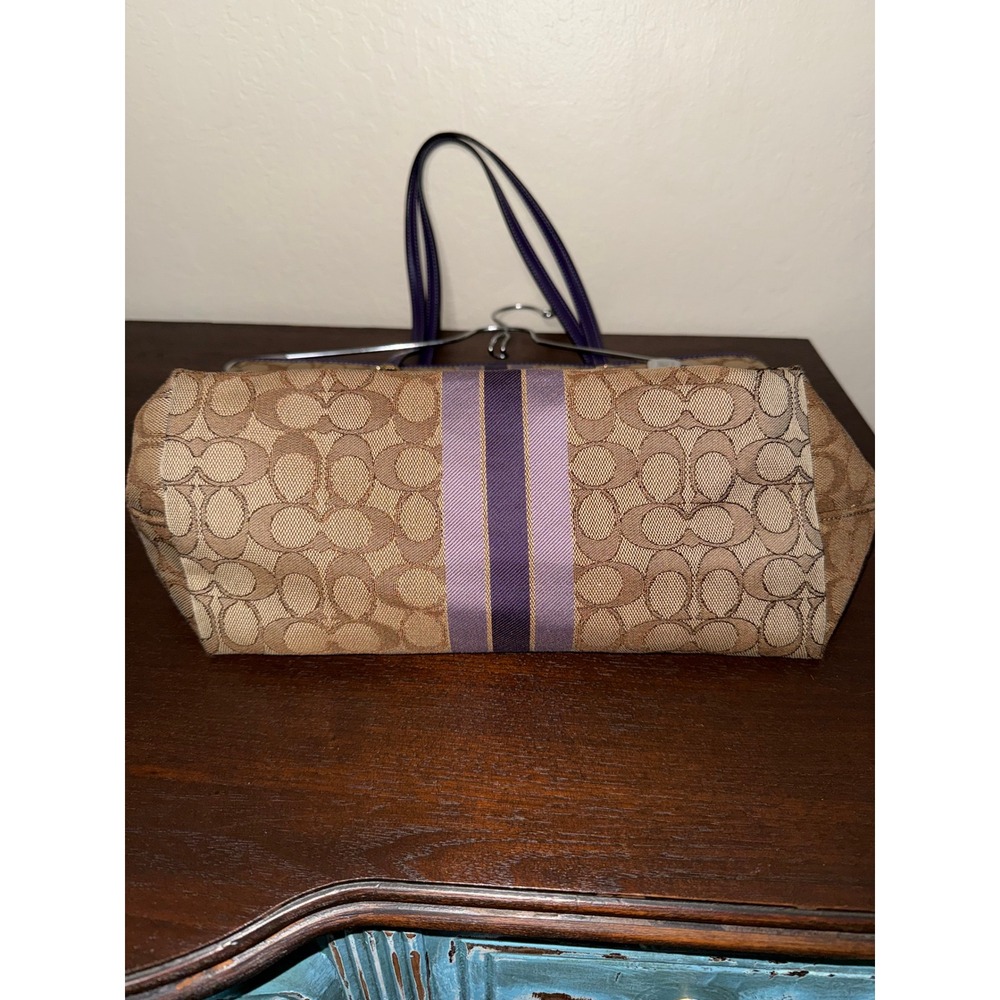 Coach Signature Stripe Tote Bag and wallet Purple Trim Canvas Leather Trim - Picture 5 of 10